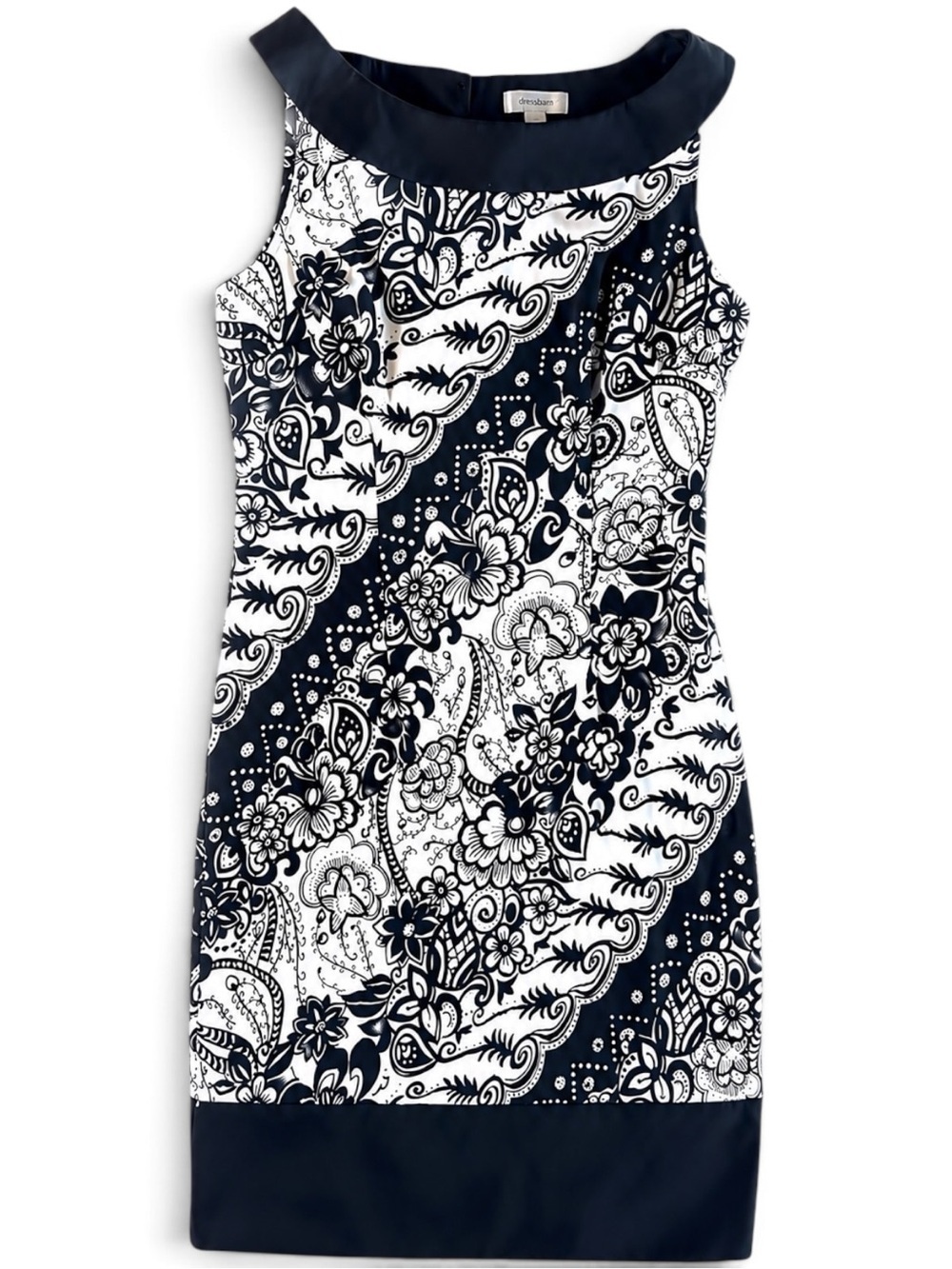 Dressbarn Black White Paisley Floral Beaded Neck Sleeveless Shift Midi Dress 12